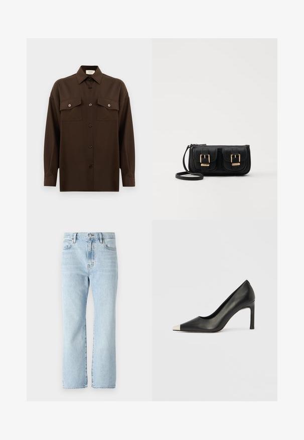 Dark brown long-sleeve button-up shirt with two flap chest pockets and a classic collar, displayed against a plain white background.; Light blue denim jeans with a straight-leg design, mid-rise waist, front pockets, and frayed hem detailing. Classic five-pocket style.; Black leather high heel shoe with a pointed toe and a metallic silver cap. Features a smooth finish and a slender 10 cm heel.; Black leather crossbody bag with two front pockets, gold buckles, zipper closure, and a slim strap. Textured surface and compact rectangular shape.