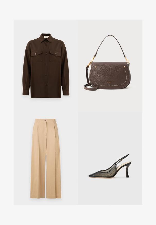Mørkebrun langærmet skjorte med knaplukning, to brystlommer med klap og en klassisk krave, præsenteret mod en helt hvid baggrund.; Beige brede bukser lavet af et glat stof, med en frontknaplukning, plisseringer og en skræddersyet design.; Sort slingback højhælede sko med spids tå, mesh-detaljer og en glat læderhætte. Farverne inkluderer sort og beige accenter.; Brun læderhandtaske med en tekstureret overflade, buet form, hvide syninger og guld spænder. Inkluderet justerbar skulderrem.