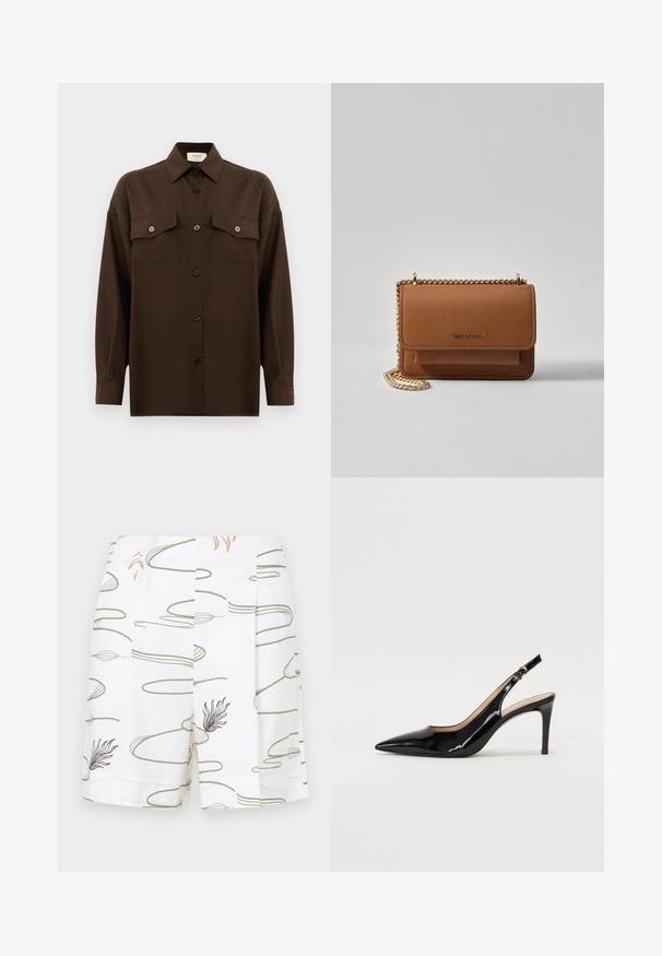Cămașă lungă, cu mâneci lungi, de culoare maro închis, cu două buzunare frontale cu clapetă și guler clasic, expusă pe un fundal alb simplu.; Shorts albi cu modele fluide, abstracte de linii verzi și maronii, având pliuri și o textură netedă.; Pantofi slingback din piele patent neagră, cu vârful ascuțit, tocul subțire și un design discret cu decupaj. Se evidențiază printr-un cataramă aurie pe curea.; Geantă crossbody din piele texturată maro, cu curea din lanț aurit și închidere cu clapetă. Partea din față prezintă detalii cu logo și o buzunar sub clapetă.