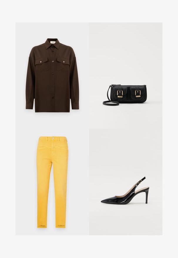 Tumma ruskea pitkähihainen napitettava paita, jossa on kaksi läpällistä rintataskua ja klassinen kaulus, esiteltynä yksinkertaista valkoista taustaa vasten.; Keltaiset farkut, joissa on istuva malli, viisi taskua ja napitus. Sileä pinta, jossa on saumoissa ompelukoristeita.; Musta lakattu nahkainen slingback-korkokenkä, jossa on terävä kärki, kapea korko ja hillitty leikkaussuunnittelu. Varressa on kultainen solki.; Musta nahkainen olkalaukku, jossa on kaksi etutaskua, kultaiset soljet, vetoketjukiinnitys ja kapea hihna. Teksturoidun pinnan ja kompaktin suorakaiteen muoto.