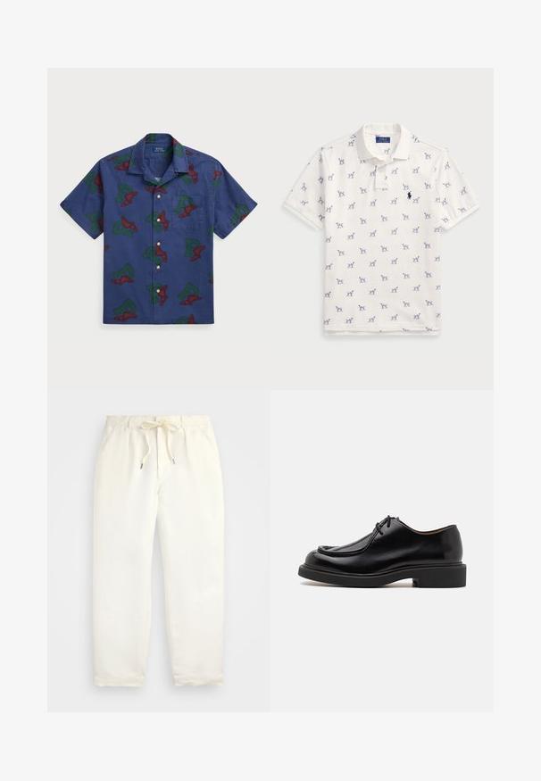 Cămașă cu mânecă scurtă, lejeră, din bumbac de culoare albastru închis, având un grafic repetat cu litera "P" cu aripi în roșu și verde și un buzunar la piept.; Tricou polo alb din bumbac, cu un model repetat de câini albaștri și un mic logo albastru pe piept. Mâneci scurte și guler.; Pantaloni casual de culoare crem deschis, confecționați dintr-un material moale. Au o talie elastică cu șnur și un design cu picioare înguste.; Pantof de piele neagră cu vârf rotund, detalii cusute, șireturi minime și talpă groasă din cauciuc pentru aderență și durabilitate.