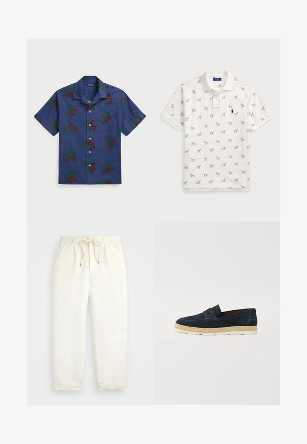 Korte ermers skjorte i marineblå bomull, med et gjentatt rødt og grønt vinget "P"-grafikk og en brystlomme.; Hvit polo skjorte laget av bomull, med et gjentatt blått hundemønster og en liten blå logo på brystet. Kortermet og med krage.; Lys kremfargede, casual bukser laget av mykt stoff. Har elastisk midjebånd med snøring, og en tapered ben-design.; Marineblå suede slip-on mokkasiner med en let hvid gummisål og vævet jute-detalje langs kanten; glat tekstur og enkelt design.