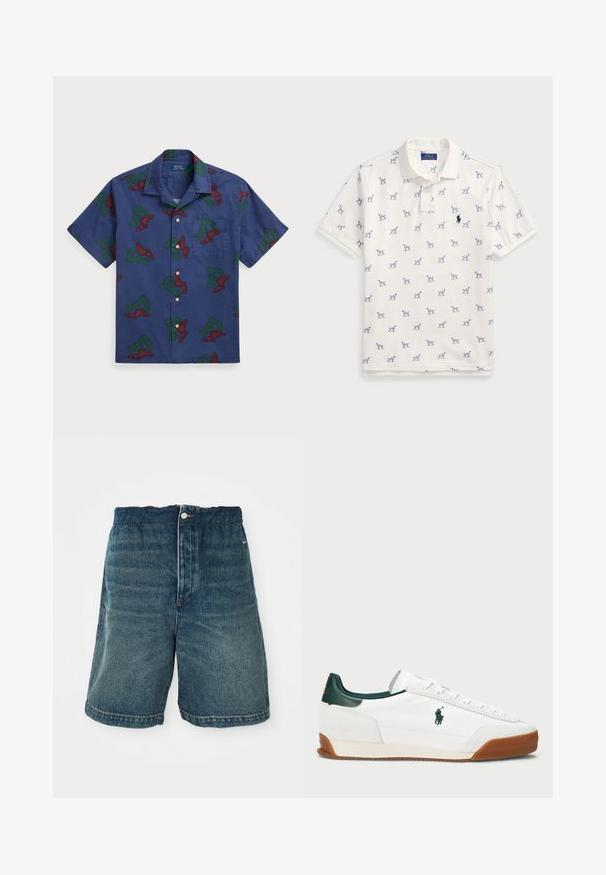 Camisa de botones de manga corta en algodón azul marino, con un gráfico repetido de una "P" alada en rojo y verde, y un bolsillo en el pecho.; Camisa polo blanca de algodón, con un patrón repetido de perros azules y un pequeño logo azul en el pecho. Mangas cortas y color.; Pantalones cortos de mezclilla en azul oscuro con un ajuste holgado, que cuentan con un cierre de botón y costuras visibles a lo largo del dobladillo y los bolsillos.; Zapatilla blanca con acentos de cuero verde y suela de goma marrón. Presenta un cuerpo de tejido y un logo prominente en el costado. Diseño con cordones.