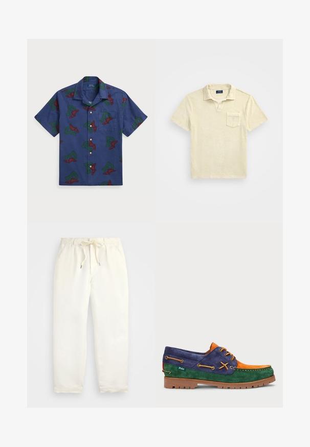 Lühikeste varrukatega nööpidega särk tumesinisest puuvillast, millel on korduv punane ja roheline tiivuline "P" graafika ning rinnanööbiga tasku.; Lühikese varrukaga polo särk heleses beežis, valmistatud pehmest puuvillast, millel on krae ja eesmine tasku. Karedapinnaline kangas ja lõdva istuvusega.; Hele kreemjad, mugavad püksid pehmest kangast. Omavad elastset vöökohta stringiga ning kitsenevat jala disaini.; Sametist paadisandaalid, millel on sinised, oranžid ja rohelised osad. Pruun kummitald, millel on köitmine ja dekoratiivne õmblemine. Polo bränding külgedel.