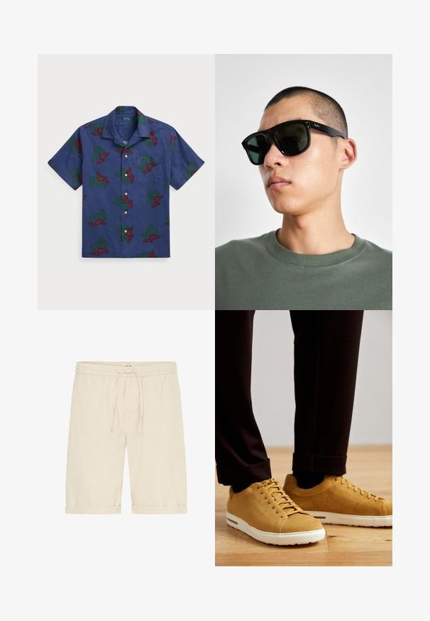 Kurzärmliges Button-Up-Hemd aus navyblauem Baumwollstoff, mit einem wiederholten roten und grünen geflügelten "P"-Grafikdesign und einer Brusttasche.; Beige Baumwollshorts mit einem elastischen Bund und Kordelzug. Hochgekrempelte Säume und eine glatte Textur, mit minimalistischem Design.; Gelbe gestreifte Sneakers mit weißen Sohlen, runde Zehenpartie, Schnürdesign und strukturierter Oberfläche, getragen mit schwarzen hochgekrempelten Hosen auf einem Holzboden.; Schwarze rechteckige Sonnenbrille mit dunklen Gläsern, die eine markante Form und eine Markierung am Bügel aufweist. Getragen von einer Person in einem grünen Hemd.