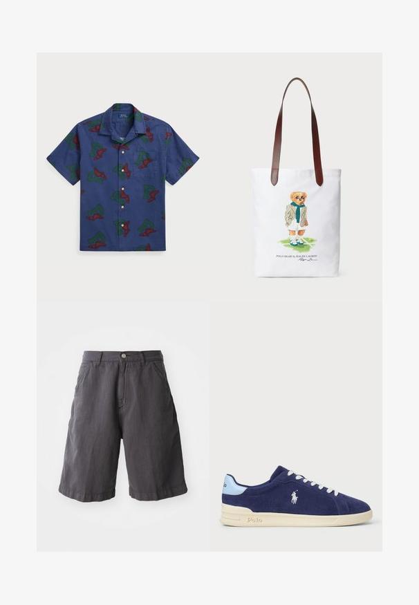 Cămașă cu mânecă scurtă, lejeră, din bumbac de culoare albastru închis, având un grafic repetat cu litera "P" cu aripi în roșu și verde și un buzunar la piept.; Shorts din bumbac gri închis, cu o croială relaxată, dotate cu închidere cu nasture, bucle pentru curea și buzunare laterale, proiectate cu un tiv simplu.; Tenisi din suede albastru marin cu sireturi albe și talpă de cauciuc crem. Dispune de un accent albastru deschis și un mic logo brodat pe lateral.; Geantă din pânză cu un urs desenat în fular verde și sacou, cu curele de umăr din piele maro. Fundal alb, design imprimat.