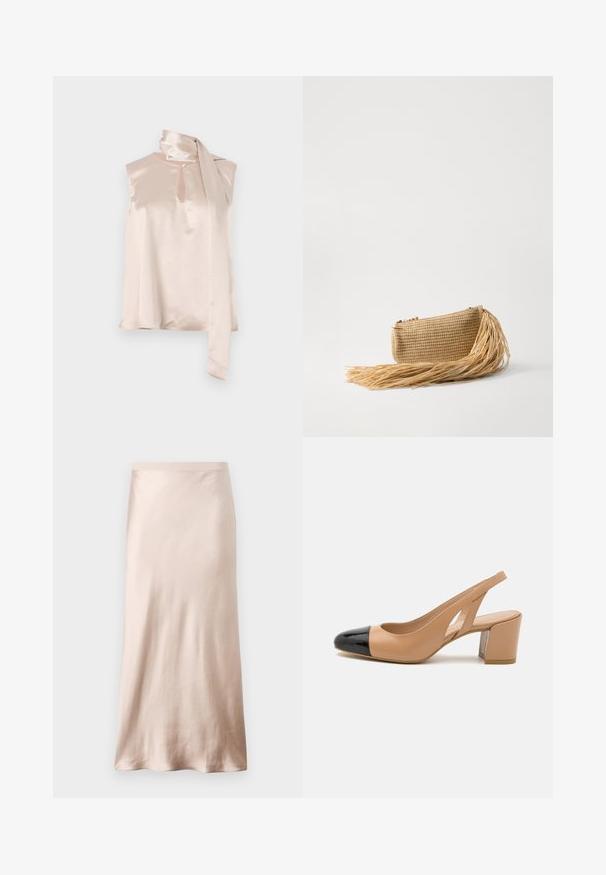 Top senza maniche in satin rosa pallido con scollatura a chiave e un drappeggio attaccato sulla spalla. Texture liscia, design minimalista.; Gonna midi in satin beige chiaro, con vita aderente, texture morbida e orlo svasato, senza decorazioni visibili o tasche.; Décolleté beige in pelle con punta in vernice nera, tacco quadrato, lati tagliati e suola testurizzata.; Cult Gaia VIERA - Pochette - natural