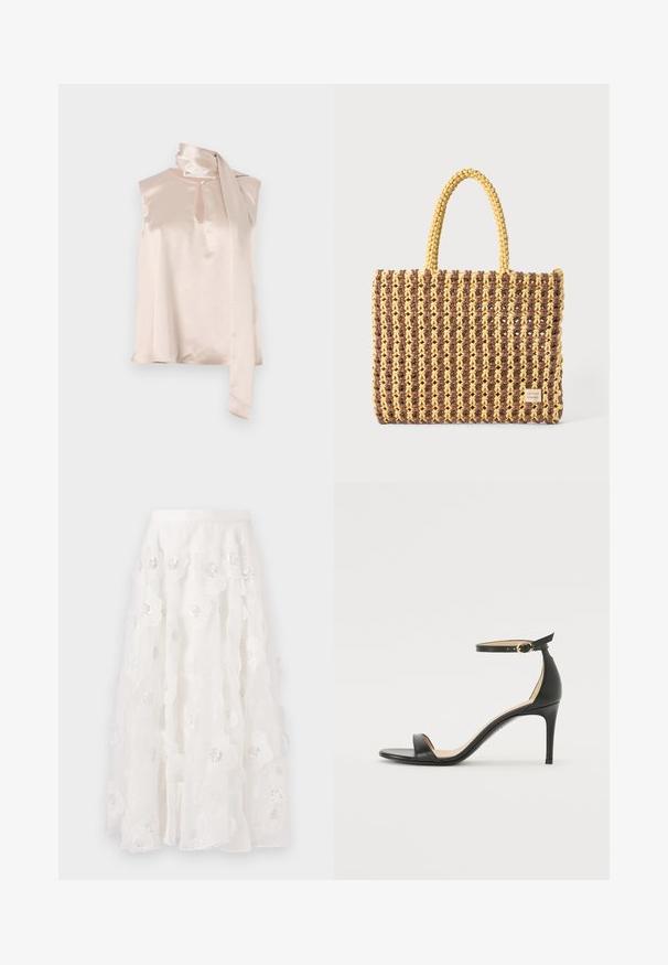 Saten brezrokavnik v svetlo rožnati barvi z izrezom v obliki ključavnice in pritrjenim drapiranim šalnim detajlom na rami. Gladka tekstura, minimalističen dizajn.; Bela krila do kolen z cvetličnim vezenjem in srebrnimi bleščicami. Lahkoten, tekoč material z nabranimi plastmi in prilegajočim pasom.; Črne usnjene sandale s peto, ki imajo priponko za gleženj. Imajo gladko teksturo, odprt prst in tanek peto. Podrobnost z zlatim sponko.; Tkanina torba v rjavi in rumeni barvi, ki ima pravokotno obliko, dve ročaji in teksturirano površino z vidnimi šivi ter oznako blagovne znamke.