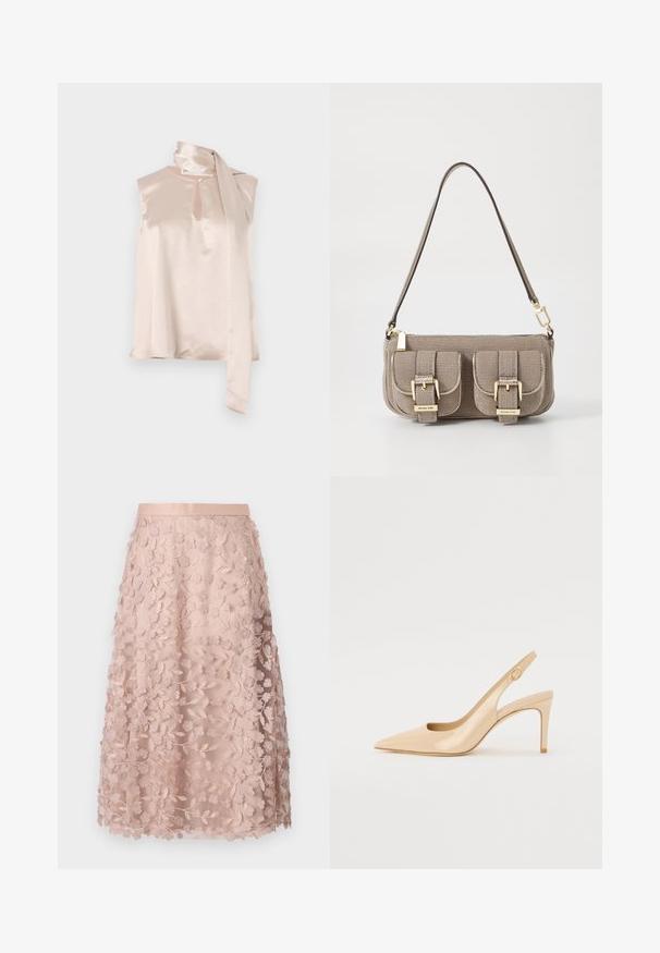 Saten brezrokavnik v svetlo rožnati barvi z izrezom v obliki ključavnice in pritrjenim drapiranim šalnim detajlom na rami. Gladka tekstura, minimalističen dizajn.; Čipkast midi krilo v nežno roza barvi s cvetličnim vezenjem, z ožjim pasom in plastično zasnovo, ki poudarja mehko teksturo.; Nude lakirane sandale na peto s oštrim nosom, odprtim vampom in tankim stiletto petom. Opremljene so s krožno zlatno dekoracijo na trakcu.; Bežna teksturirana torba z nastavljivim trakom, z dvema sprednjima žepoma, zaklenjenima s sponkami, ter z zlatimi kovinskimi dodatki. Zadrga na vrhu.