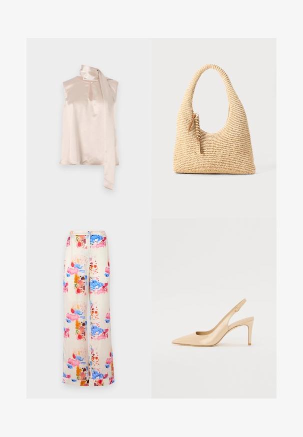 Saten brezrokavnik v svetlo rožnati barvi z izrezom v obliki ključavnice in pritrjenim drapiranim šalnim detajlom na rami. Gladka tekstura, minimalističen dizajn.; Široke hlače iz kremastega blaga z živahnim akvarelnim vzorcem v rožnatih, modrih in oranžnih odtenkih. Lahke in zračne.; Nude lakirane sandale na peto s oštrim nosom, odprtim vampom in tankim stiletto petom. Opremljene so s krožno zlatno dekoracijo na trakcu.; Tkanirana bež torba z ukrivljenim ročajem, teksturirano površino in rjavim detajlom s pomponom. Ima ohlapen, hobo obliko.