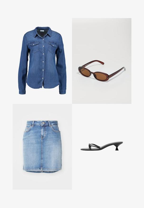 Denim-paita keskisinisessä värissä, jossa on pitkät hihat, nappikiinnitys edessä, terävä kaulus ja kaksi rintataskua. Pehmeä tekstuuri ja normaali leikkaus.; Vaaleansininen farkuhame, jossa on sovitettu muotoilu, viisi taskua ja näkyvät saumat. Hameessa on edessä nappikiinnitys ja revitty helma.; Mustat korkokengät, joissa on tyylikäs muotoilu, ohuet remmit ja ainutlaatuinen kolmiomainen korko. Pinta on sileä ja ulkoasu minimaalinen.; Pyöreät, ruskehtavat aurinkolasit, joissa on kiiltävä burgundinpunainen runko. Kapeat sivut, joissa on hienovarainen brändäys. Litteät linssit.