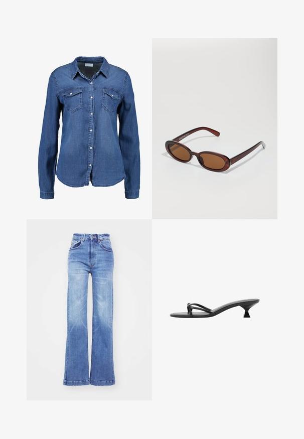 Jeans srajca v srednji modri barvi z dolgimi rokavi, z gumbnim zapiranjem spredaj, s koničastim ovratnikom in dvema žepoma na prsih. Mehka tekstura s standardnim krojem.; Svijetloplave traperice širokih nogavica, izrađene od denima, sa visokim strukom, pet džepova i suptilnim izbleđenjem za izgled nošenosti. Kontrastno šivenje.; Črne sandale na visoki peti z eleganco, tankimi trakci in edinstveno tristransko peto. Gladka tekstura z minimalističnim videzom.; Okrogle, rjavo obarvane sončne naočare z sijočim burgundskim okvirjem. Tanek nosilec s subtilnim logotipom. Oblika leč je ravna.