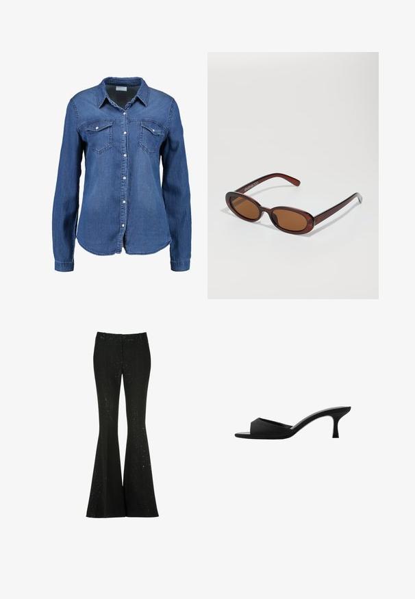 Denim-paita keskisinisessä värissä, jossa on pitkät hihat, nappikiinnitys edessä, terävä kaulus ja kaksi rintataskua. Pehmeä tekstuuri ja normaali leikkaus.; Musta leveälahkeinen housu, joka on valmistettu teksturoidusta kankaasta, jossa on kimalteleva kuvio, tiukka vyötärö ja polvesta levenevät lahkeet.; Mustat korkeat mulesit, joissa on leveä, avoin varvasosa ja kaareva yläosa. Tekstuurista kangasta, jolla on hoikka korko ja sileä pohja.; Pyöreät, ruskehtavat aurinkolasit, joissa on kiiltävä burgundinpunainen runko. Kapeat sivut, joissa on hienovarainen brändäys. Litteät linssit.