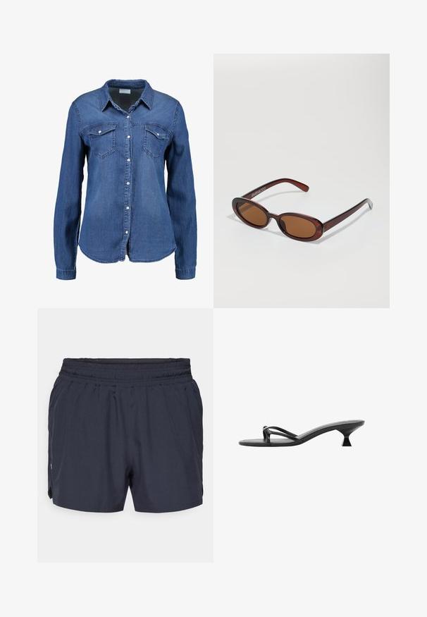 Jeanshemd in Mittelblau mit langen Ärmeln, Knopfverschluss vorne, spitzem Kragen und zwei Brusttaschen. Weicher Stoff mit normalem Schnitt.; Marineblaue Sportshorts mit elastischem Bund, gefältetem Design und seitlichen Taschen. Hergestellt aus leichtem, atmungsaktivem Material.; Schwarze High Heels Sandalen mit einem eleganten Design, dünnen Riemen und einem einzigartigen dreieckigen Absatz. Glatte Textur mit einem minimalistischen Look.; Runde, braun getönte Sonnenbrillen mit einem glänzenden burgunderfarbenen Rahmen. Schlanke Bügel mit dezentem Branding. Flaches Linsendesign.