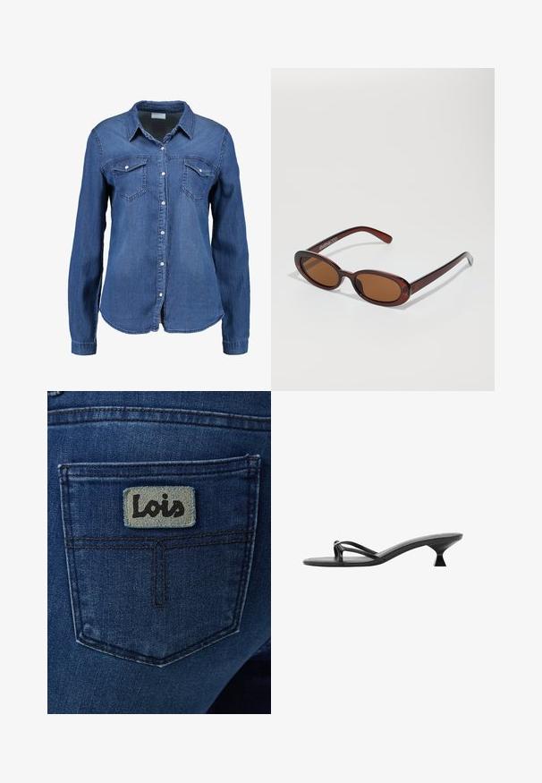 Jeans srajca v srednji modri barvi z dolgimi rokavi, z gumbnim zapiranjem spredaj, s koničastim ovratnikom in dvema žepoma na prsih. Mehka tekstura s standardnim krojem.; Temno modre kavbojke iz jeansa z zadnjim žepom, na katerem je svetlo modra kvadratna nalepka z napisom "Lois" v črnem pisavnem slogu.; Črne sandale na visoki peti z eleganco, tankimi trakci in edinstveno tristransko peto. Gladka tekstura z minimalističnim videzom.; Okrogle, rjavo obarvane sončne naočare z sijočim burgundskim okvirjem. Tanek nosilec s subtilnim logotipom. Oblika leč je ravna.