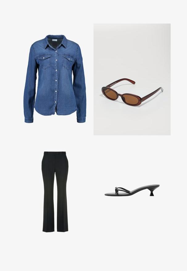 Denim shirt in medium blue with long sleeves, button-down front, pointed collar, and two chest pockets. Soft texture with standard cut.; Black, flared trousers with a smooth texture and front crease. Features a classic waistband and no visible embellishments.; Black heeled sandals featuring a sleek design, thin straps, and a unique triangular heel. Smooth texture with a minimalistic look.; Round, brown-tinted sunglasses with a glossy burgundy frame. Slim arms with subtle branding detail. Flat lens design.