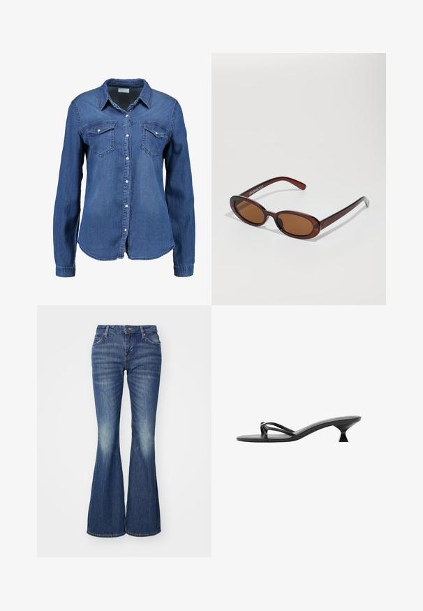 Cămașă din denim de culoare albastru mediu, cu mâneci lungi, nasturi la partea din față, guler ascuțit și două buzunare pe piept. Textură moale, cu croială standard.; Blugi evazați din denim, cu un efect de spălare deschisă, având buzunare clasice și o închidere cu un singur buton.; Sandale negre cu toc, având un design elegant, curele subțiri și un toc triunghiular unic. Textură netedă și un aspect minimalist.; Ochelari de soare rotunzi, cu nuanțe de brown și cu un cadru lucios de burgund. Brațe subțiri cu detalii subtile de branding. Design cu lentile plate.