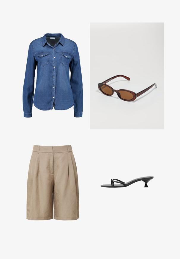 Denim shirt in middellange blauwe kleur met lange mouwen, knoopsluiting aan de voorkant, puntige kraag en twee borstzakken. Zachte textuur met een standaard snit.; Beige high-waisted shorts van gestructureerde stof, met plooien aan de voorkant en zijzakken, met een rechte broekspijpen.; Zwarte hoge hakken sandalen met een elegant ontwerp, dunne bandjes en een unieke driehoekige hak. Glad textuur met een minimalistische uitstraling.; Ronde, bruin getinte zonnebril met een glanzend bordeauxrood frame. Slanke pootjes met subtiele merkdetails. Vlakke lensontwerp.