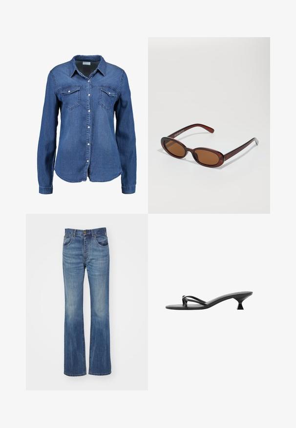 Jeans srajca v srednji modri barvi z dolgimi rokavi, z gumbnim zapiranjem spredaj, s koničastim ovratnikom in dvema žepoma na prsih. Mehka tekstura s standardnim krojem.; Modre jeans z razširjenimi hlačnicami, srednje oprane, z visokim pasom, zankami za pas in sprednjimi žepi. Gladka tekstura z minimalnim obrabljenjem.; Črne sandale na visoki peti z eleganco, tankimi trakci in edinstveno tristransko peto. Gladka tekstura z minimalističnim videzom.; Okrogle, rjavo obarvane sončne naočare z sijočim burgundskim okvirjem. Tanek nosilec s subtilnim logotipom. Oblika leč je ravna.