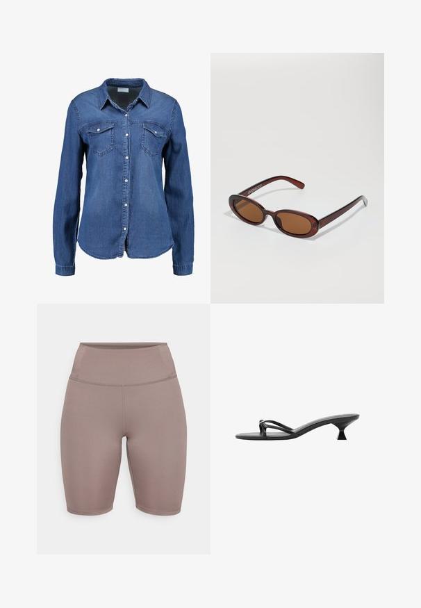 Cămașă din denim de culoare albastru mediu, cu mâneci lungi, nasturi la partea din față, guler ascuțit și două buzunare pe piept. Textură moale, cu croială standard.; Colanți de bicicletă într-o nuanță moale de taupe, realizați dintr-un material elastic. Au o talie înaltă cu un brâu neted și un design fără cusături.; Sandale negre cu toc, având un design elegant, curele subțiri și un toc triunghiular unic. Textură netedă și un aspect minimalist.; Ochelari de soare rotunzi, cu nuanțe de brown și cu un cadru lucios de burgund. Brațe subțiri cu detalii subtile de branding. Design cu lentile plate.