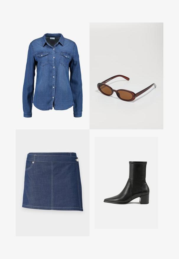 Denim shirt in middellange blauwe kleur met lange mouwen, knoopsluiting aan de voorkant, puntige kraag en twee borstzakken. Zachte textuur met een standaard snit.; Denim mini-rok in donkerblauw met witte stiksels, voorzien van een enkele voorzak en een metalen knoopsluiting bij de tailleband.; Zwarte enkelboot van soepel leer, met een spitse neus, een blokhak en duidelijke verhoogde stiksels aan de bovenrand.; Ronde, bruin getinte zonnebril met een glanzend bordeauxrood frame. Slanke pootjes met subtiele merkdetails. Vlakke lensontwerp.; Bruine suede handtas met twee ronde handvaten, gouden hardware, een klein label en een soepele ritssluiting. Bevat subtiele gestikte accenten.