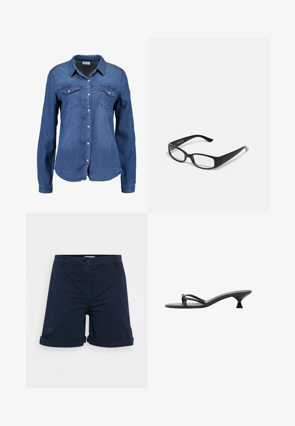 Jeans srajca v srednji modri barvi z dolgimi rokavi, z gumbnim zapiranjem spredaj, s koničastim ovratnikom in dvema žepoma na prsih. Mehka tekstura s standardnim krojem.; Mornarske modre kratke hlače iz bombaža, z zavihkom na robovih, gumbom za zapiranje in ravnim sprednjim delom brez vidnih vzorcev ali akcentov.; Črne sandale na visoki peti z eleganco, tankimi trakci in edinstveno tristransko peto. Gladka tekstura z minimalističnim videzom.; Črne pravokotne očala z prozornimi lečami. Sijajna površina, ožje ročke in vijolična barva, vidna na robovih leč.
