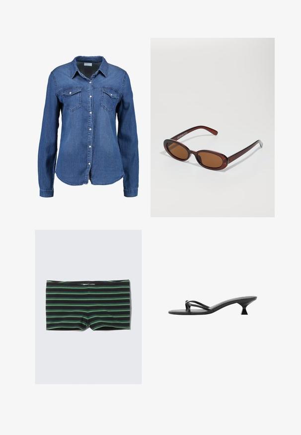 Jeanshemd in Mittelblau mit langen Ärmeln, Knopfverschluss vorne, spitzem Kragen und zwei Brusttaschen. Weicher Stoff mit normalem Schnitt.; Schwarze Schwimmshorts mit horizontalen grünen Streifen. Bietet ein tailliertes Design und einen elastischen Bund. Hergestellt aus einem dehnbaren, glatten Material.; Schwarze High Heels Sandalen mit einem eleganten Design, dünnen Riemen und einem einzigartigen dreieckigen Absatz. Glatte Textur mit einem minimalistischen Look.; Runde, braun getönte Sonnenbrillen mit einem glänzenden burgunderfarbenen Rahmen. Schlanke Bügel mit dezentem Branding. Flaches Linsendesign.