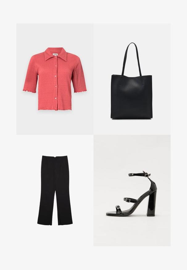 Krótki rękaw, ribbed bluzka w kolorze koralowym z wywijanym kołnierzykiem, zapięciem na guziki oraz falbaniastymi brzegami u rękawów i u dołu. Lekka faktura.; Czarne spodnie o prostym kroju, z przednimi kieszeniami i bocznymi rozcięciami na dole. Wykonane z miękkiego, gładkiego materiału. Odpowiednie na różne okazje.; Czarne lakierowane sandały na obcasie z kwadratowym noskiem, z paskami wokół kostki i srebrnymi klamrami. Posiadają masywny słupek dla stabilności.; Czarna skórzana torba tote o gładkiej fakturze, prostokątnym kształcie i dwóch długich uchwytach. Brak widocznych elementów metalowych i ozdób.