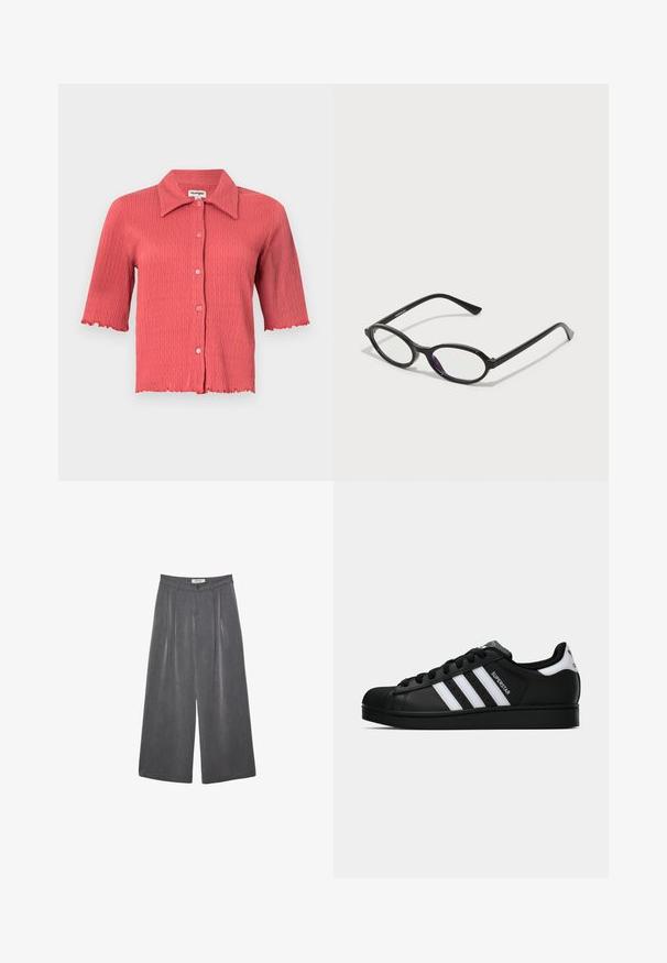 Krátky rukáv, rebrovaná blúzka v koralovom ružovom s výstrihom v tvare ňou, gombíkovým zapínaním a vlnitými okrajmi na rukávoch a leme. Ľahká textúra.; Záhybové nohavice s širokými nohavicami v tmavosivej látke s jemnou štruktúrou. Obsahujú zapínanie na gombík a klasický dizajn pásu.; Čierne tenisky Adidas Superstar s bielymi pruhmi, špičkou v tvare mušle a textom "Superstar" na boku, zobrazené v bočnom profilu na bielom pozadí.; Čierne okuliare s oválnym rámom a priesvitnými fialovými akcentmi na sklách. Rámy majú matný povrch a štíhle, priame nožičky.