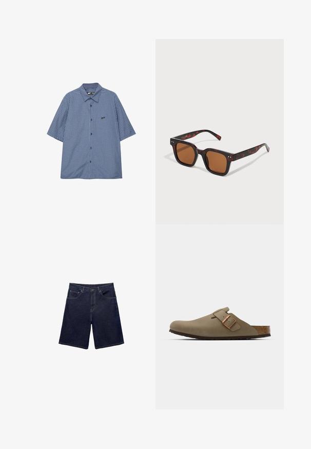 Rövid ujjú, gombos ing kék kockás mintával, széles gallérral és kis fekete logóval a bal mellkason. Pamut keverék anyag.; Sötétkék farmer rövidnadrág, klasszikus szabással, öt zsebes kialakítással és kontrasztos varrásokkal. Sima textúra, tartós derékpánt.; Barna klumpák sima, matt felülettel. Az oldalon egy kiemelkedő bronz csat található. Parafa talpbetét és gumi talp a kényelem érdekében.; Tortoforgású napszemüveg vastag négyzet alakú kerettel, barna lencsékkel és diszkrét ezüst kiegészítőkkel a szárakon. Sima műanyag textúra.