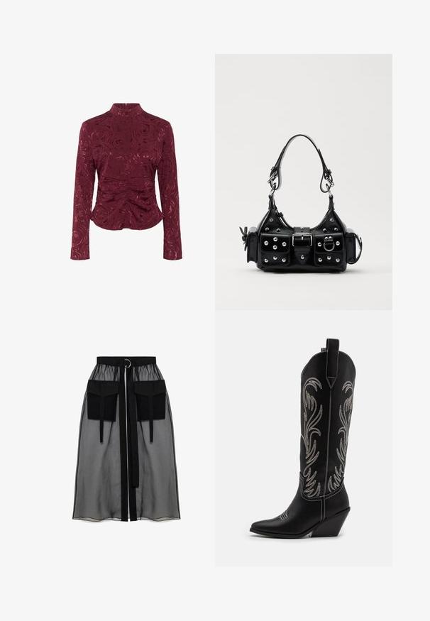 Bordeaux langærmet top lavet af struktureret stof, med et rose-mønster og rynkede detaljer ved taljen for en tætsiddende silhuet.; Sort gennemsigtig nederdel med en rynket talje, der har to store forlommer, et taljebånd og en cirkulær metaldetalje.; Sorte læder cowboystøvler med spidse tæer, kilehæle og sølv broderede blomster mønstre langs skaftet. Kontrast syning overalt.; Sort læderhåndtaske med et buet design, prydet med sølvfarvede nitter, en spænde og to sidelommer. Justerbar rem til forskellige bære muligheder.