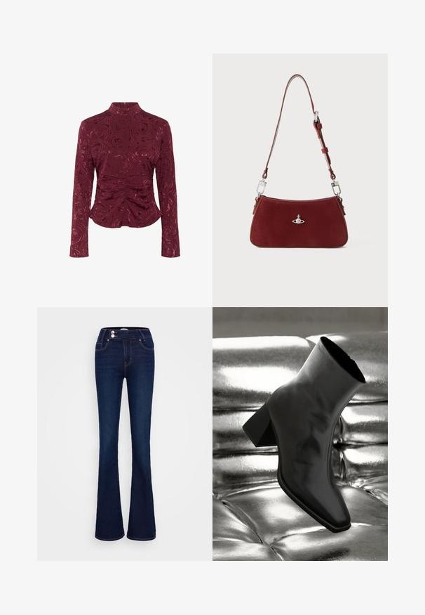 Bordeaux langærmet top lavet af struktureret stof, med et rose-mønster og rynkede detaljer ved taljen for en tætsiddende silhuet.; Mørkeblå, flagrende jeans med høj talje, to frontlommer og to knaplukninger. Fremstillet af denim med en glat tekstur.; Sorte ankelstøvler lavet af glossy materiale med firkantet tå og spidse hæle, sat mod en skinnende sølv tuftet baggrund.; Rød suedette skuldertaske med en buet form. Har en sølvfarvet detalje og justerbar rem med hardware-detaljer. Glat tekstur.