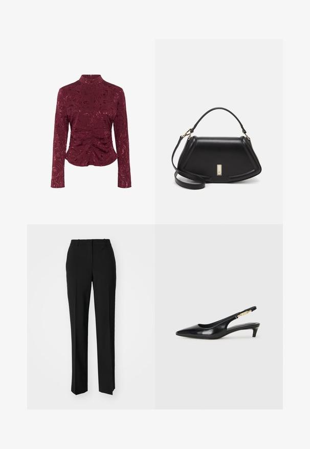 Bordeauxfarbenes Langarmoberteil aus strukturiertem Stoff, mit Rosenmuster und Raffung an der Taille für eine figurbetonte Silhouette.; Schwarze, taillierte Hose mit geradem Bein, aus einem glatten Stoff und mit klaren Falten an der Vorderseite. Keine sichtbare Hardware.; Schwarze Leder-Slingback-Pumps mit spitzem Schuhblatt, ausgestattet mit einem schlanken Absatz und einem goldfarbigen Akzent am verstellbaren Riemen. Glatte Textur.; Schwarze Lederhandtasche mit einem strukturierten Design, das eine verkürzte Form, einen oberen Griff und goldfarbene Hardware-Details aufweist. Verstellbarer Schulterriemen ist enthalten.