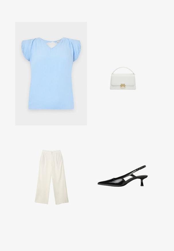 Top bluastro a maniche corte con scollo a V e dettaglio di apertura sul retro. Realizzato in tessuto testurizzato con maniche leggermente a sbuffo. Fit regolare.; Pantaloni a gamba larga in tessuto crema con una texture liscia, caratterizzati da un singolo bottone frontale, pieghe sottili e un design a vita alta.; Tacchi slingback in pelle verniciata nera con punta affusolata, design con tagli laterali e tacco quadrato piccolo. Texture liscia con dettagli minimi.; Borsa a tracolla bianca in pelle con design strutturato, dotata di manico superiore e chiusura in metallo dorato. Texture liscia e accenti minimalisti.