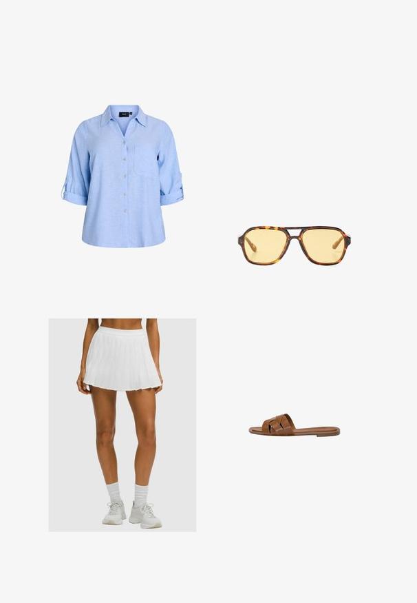 Svetlomodrá, krátkopsážna košeľa s gombíkmi a golierom, s jedným vreckom na hrudi a rukávmi so zrolovanou tabulou. Vyrobená z texturovaného materiálu.; Opálené nohy v bielych plisovaných tenisových sukňa, bielych ponožkách do kotníkov a bielych športových teniskách na jednoduchom pozadí.; Hnedé kožené šľapky s krížovými popruhmi, plochou podrážkou a hladkým povrchom. Jednoduchý dizajn bez ozdôb alebo vzorov.; Korytnačie slnečné okuliare s geometrickým dizajnom, žltými sklami a kovovými akcentmi na spánkoch. Široký rám a matný povrch.; Biela kožená kabelka so zlatými kovovými doplnkami, vybavená klopou a odnímateľným, nastaviteľným remienkom. V strede zaoblený kovový detail.