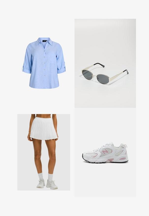 Světle modrá, krátký rukáv, košile s knoflíčky a límečkem, s jednou náprsní kapsou a rukávy s možností ohrnutí. Vyrobena z texturované látky.; Opálené nohy v bílém skládacím tenisovém sukni, bílých kotníkových ponožkách a bílých sportovních teniskách na jednobarevném pozadí.; Bílé sportovní boty se síťovaným a syntetickým svrškem, růžovými detaily, polstrovaným límcem a černou gumovou podrážkou. Disponují viditelnými perforacemi a logem.; Sluneční brýle s oválnými šedými skly, stříbrným kovovým rámem a černými akcenty na spáncích. Vyznačují se elegantním designem a minimálním množstvím upevňovacích prvků.; Bílá kožená kabelka se zlatým kováním, s klopovým zapínáním a odnímatelným, nastavitelným popruhem. V centru je zaoblený kovový detail.