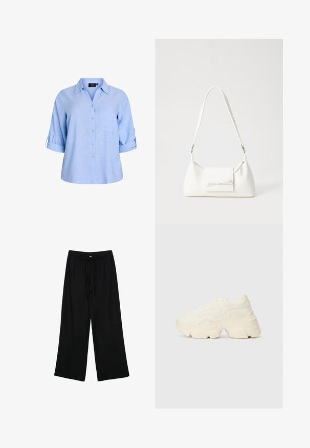 Světle modrá, krátký rukáv, košile s knoflíčky a límečkem, s jednou náprsní kapsou a rukávy s možností ohrnutí. Vyrobena z texturované látky.; Černé, lehké kalhoty s širokými nohavicemi, elastickým pasem a šňůrkou. Hladká textura, bez viditelných vzorů či kovových doplňků.; Chunky bílé tenisky vyrobené z texturované síťoviny a syntetických materiálů, s tlustou podrážkou a složitými vzorovými detaily podél stran.; Bílá syntetická kabelka v trojúhelníkovém tvaru, s plochým předním klopným víkem a detailem mašle, nastavitelným popruhem, hladkým povrchem a minimalistickým designem.