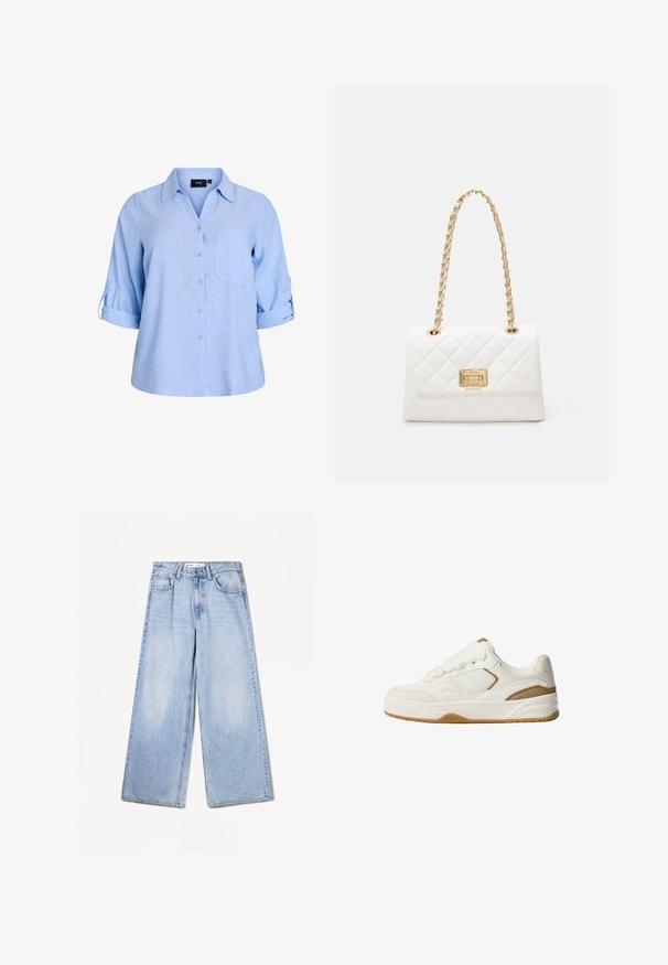 Světle modrá, krátký rukáv, košile s knoflíčky a límečkem, s jednou náprsní kapsou a rukávy s možností ohrnutí. Vyrobena z texturované látky.; Bershka WIDE-LEG - Wide leg - light-blue denim; Bílé tenisky s texturovanou tkaninou a semišovými akcenty. Vyznačují se kulatými tkaničkami, polstrovaným límcem a gumovou podrážkou pro lepší trakci.; Bílá prošívaná kabelka se zlatým řetízkem a obdélníkovou sponou. Disponuje hladkým povrchem a geometrickým vzorem prošívání.
