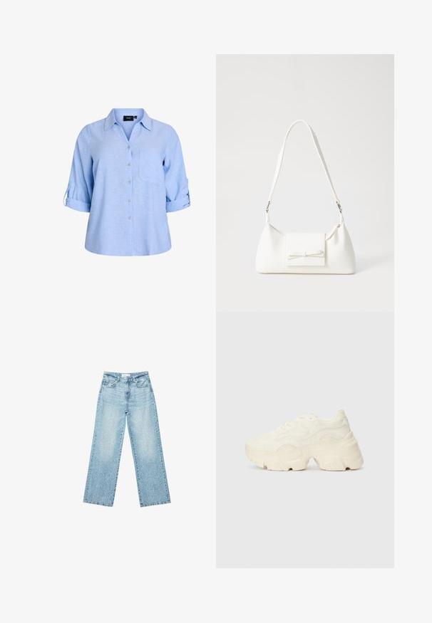 Svijetloplasa košulja kratkih rukava s gumbima i ovratnikom, jednim džepom na prsima i rukavima koji se mogu rolati. Izrađena od teksturirane tkanine.; Svjetloplave široke traperice s visokim strukom, s izblijedjelim pranjem i malim, raštrkanim oštećenjima po cijelom dijelu.; Debele bele športne copate, izdelane iz teksturirane mrežaste in sintetične materialov, z debelim podplatom in zapletenimi vzorčičnimi detajli ob straneh.; Bela sintetična torbica v obliki trikotnika, z ravnim sprednjim poklopcem in detajlom mašne, nastavljivim trakom, gladko teksturo in minimalističnim dizajnom.