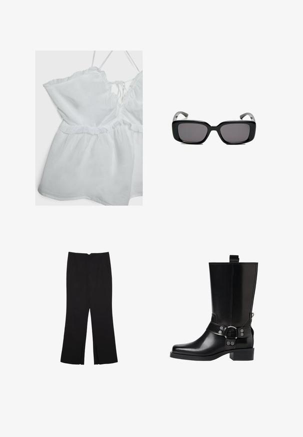Weißes ärmelloses Oberteil mit Rüsche, verstellbaren Trägern und gerafftem Bund. Hergestellt aus leichtem Stoff mit weicher Textur.; Schwarze Hose mit geradem Schnitt, ausgestattet mit Fronttaschen und Seitenschlitzen am Saum. Hergestellt aus weichem, glattem Stoff. Geeignet für verschiedene Anlässe.; Schwarze Lederstiefel bis zum Knie mit spitzer Zehenform, silbernen Schnallenakzenten und einem klobigen Absatz. Verfügt über eine Zuglasche für einfaches Anziehen.; Schwarze rechteckige Sonnenbrille mit dunklen Gläsern, glattem Kunststoffrahmen und gebogenen Bügeln. Das Design ist klobig mit einer minimalistischen Ästhetik.