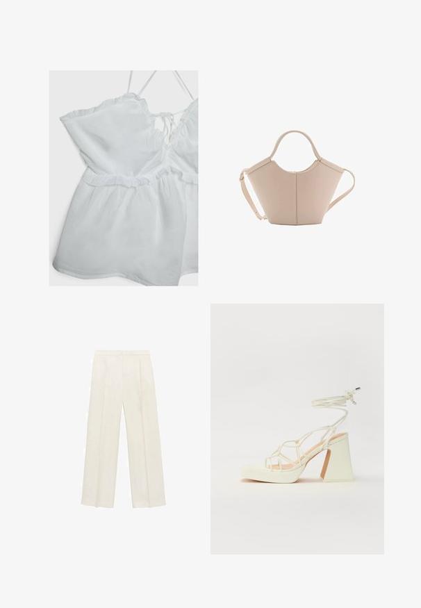 Biała bezrękawnik z falbaną na krawędzi, regulowanymi ramiączkami i ściągniętym w pasie. Wykonana z lekkiego materiału o miękkiej teksturze.; Spodnie o szerokich nogawkach w jasnym kolorze kremowym. Wykonane z gładkiego materiału, z plisami z przodu i bocznymi kieszeniami.; Biała sandał na wysokim obcasie z masywnym słupkiem, z paskowym wzorem i wiązaniem przy kostce. Gładka faktura z platformą z przodu dla dodatkowej wysokości.; Beżowa skórzana torebka o unikalnym kształcie, z dwoma krótkimi uchwytami i długim, regulowanym paskiem. Gładka tekstura z minimalną ilością elementów metalowych.