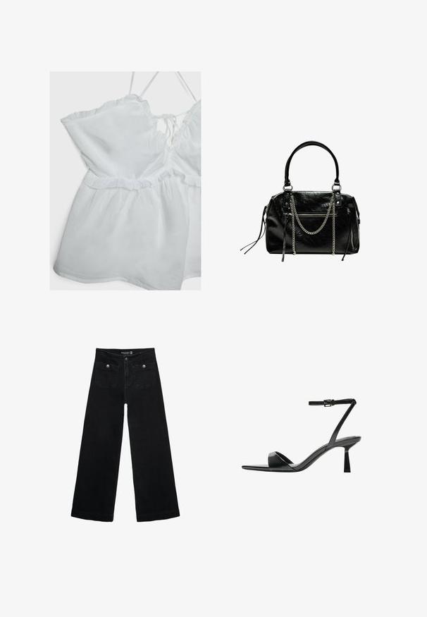 Hvid ærmeløs top med volangkant, justerbare stropper og en indsnævret talje. Fremstillet af letvægtsstof med en blød tekstur.; Sorte vidde jeans med høj talje, der har to forlommer og metalknapdetaljer. Stoffet har en glat tekstur.; Bershka Højhælede sandaletter / Højhælede sandaler - black; Bershka WITH CHAIN - Håndtasker - black