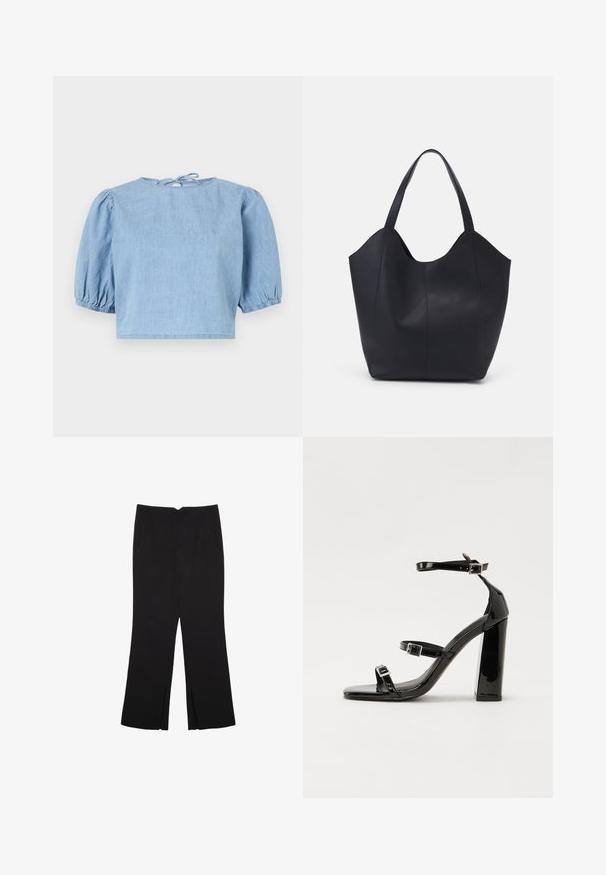 Helles blaues Denim-Oberteil mit kurzen Puffärmeln, rundem Halsausschnitt und einer Krawattenverschluss am Rücken. Weiche Textur und kürzere Passform.; Schwarze Hose mit geradem Schnitt, ausgestattet mit Fronttaschen und Seitenschlitzen am Saum. Hergestellt aus weichem, glattem Stoff. Geeignet für verschiedene Anlässe.; Schwarze patentierte Sandalen mit Absatz, quadratischer Spitze, Knöchelriemen und silbernen Schnallen. Mit einem stabilen Blockabsatz für mehr Stabilität.; Schwarze Tote-Bag aus glattem Leder, mit einem abgerundeten, offenen Oberteil, zwei Schulterträgern und einem minimalistischen Design.