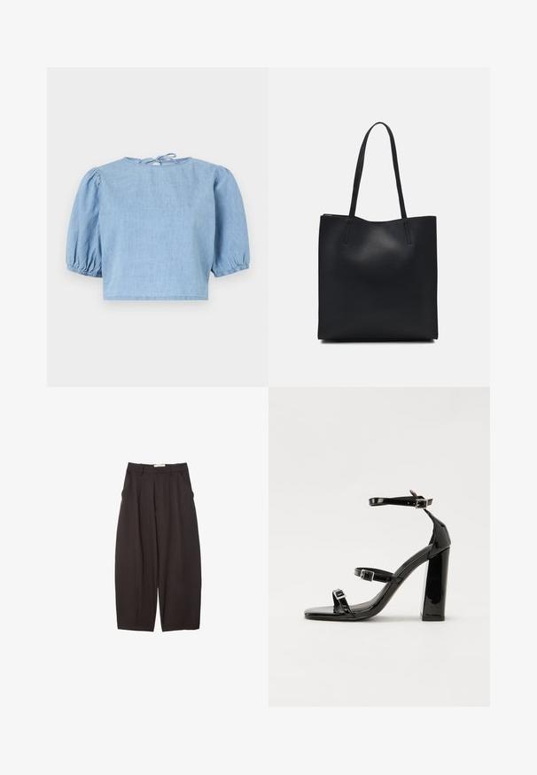 Svetlomodrá denimová blúzka s krátkym rukávom a volánovými rukávmi, okrúhlym výstrihom a viazaním na chrbte. Hladká textura a skrátený strih.; Čierne široké nohavice vyrobené z hladkej tkaniny, s vysokým pásom, prednými skladmi a bočnými vreckami. Jednoduchý dizajn bez ozdôb.; Čierne lakované sandále na podpätku so štvorcovou špičkou, navlečenými remienkami okolo členku a striebornými prackami. Disponujú masívnym blokovým podpätkom pre stabilitu.; Čierna kožená taška na rameno s hladkým povrchom, obdĺžnikovým tvarom a dvoma dlhými uchami. Bez viditeľného kovania alebo ozdôb.