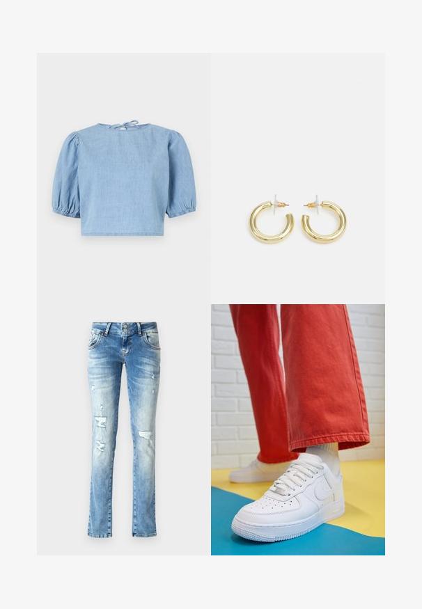 Top din denim de un albastru deschis, cu mâneci scurte tip bufant, gât rotund și închidere cu fundiță la spate. Textură netedă și croială scurtă.; Jeans din denim de culoare albastră deschisă, cu croială lejeră, având detalii uzate, un sistem de închidere cu două butoane și picioare drepte.; Tenis alb din piele cu fanta pe vârful piciorului, talpă texturată și șireturi albe, purtat cu pantaloni larga roșii și un fundal albastru și galben.; Cercei cercuri din aur cu un finisaj neted și strălucitor. Design circular cu un mic suport și un spate transparent pentru o purtare sigură.