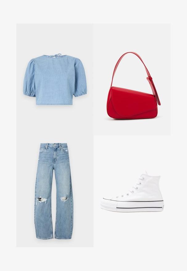 Vaaleansininen farkkupaita, jossa on lyhyet puffimaiset hihat, pyöreä pääntie ja nauhakiinnitys takana. Suora tekstuuri ja lyhyt malli.; Vaaleansiniset, korkeavyötäröiset farkut, jotka on valmistettu denimmateriaalista. Ominaisuuksiin kuuluvat leveät lahkeet, kaksi revittyä polvialuetta ja klassinen viiden taskun tyyli.; Valkoiset korkeavartiset kangaskengät mustalla kumipohjalla, edessä kuminen varvasosa ja kuusi nauha-aukkoa, puhtaan minimalistisella muotoilulla.; Punainen nahkalaukku, jossa on kulmikas, geometrinen muotoilu. Varustettu yhdellä säädettävällä hihnalla ja läpällä, jossa on ommeltu yksityiskohtia.