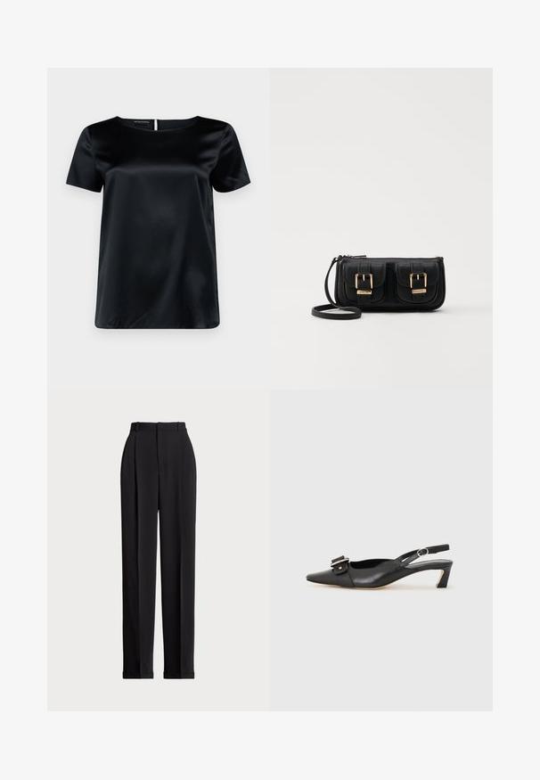 Fekete selyem rövid ujjas felső kerek nyakkivágással, sima textúrával és nyitott hátrésszel. Könnyű és enyhén laza fazon.; Fekete, testre szabott nadrág magas derékkal, elöl redőkkel, egyenes láblineáris kialakítással és halkézével. Sima anyagból készült.; Fekete bőr szandál kis sarkú, hegyes orral, díszes csattal a felsőrészen. Simább textúra, minimalista design.; Fekete bőr keresztbody táska két elülső zsebbel, arany csattokkal, cipzáras záródással és vékony pánttal. Textúrált felület és kompakt téglalap alak.