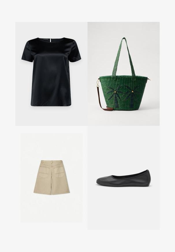 Czarny satynowy top z krótkim rękawem, okrągłym dekoltem, gładką teksturą i detalem w kształcie łezki z tyłu. Lekki i lekko luźny krój.; Beżowe szorty o luźnym kroju, wykonane z denimu. Posiadają dwie tylne kieszenie oraz kontrastowe pomarańczowe szwy. Dół sięga poniżej kolana.; Czarne skórzane baletki z zaokrąglonym noskiem, gładką fakturą, minimalnymi przeszyciami i elastycznym designem podeszwy.; Zielona, pleciona torba tote z wzorem palm na ciemnozielonym tle; posiada dwa uchwyty i odczepiany brązowy skórzany pasek.