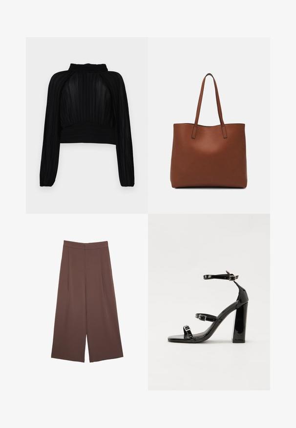 Mustapaitainen lyhyt yläosa, jossa on poimutettu pinta, pitkät hihat, korkea kaulus sekä poimutushelma ja -olkaat.; Ruskeat leveälahkeiset housut, joissa on sileä pinta, korkea vyötärö ja etupleat. Kangas on kevyttä ja laskeutuu väljänä.; Musta kiiltävä korkokenkä sandaalit neliönmuotoisella varpaalla, nilkkaremmillä ja hopeisilla soljilla. Varustettu tukevalla lohkokorkealla vakauden takaamiseksi.; Ruskea nahkainen olkalaukku, jossa on sileä pinta, avoin yläosa ja kaksi olkahihnaa. Omaavat vain minimaalisen ompelun eikä näkyvää metalliosaa.