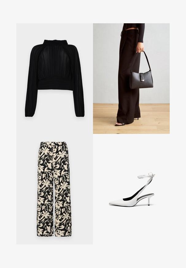 Black cropped top with pleated texture, long sleeves, high neckline, and gathered detailing at the hem and shoulders.; Black wide-leg pants with a cream floral pattern. Made of lightweight fabric, featuring a smooth texture and a high waistband.; White pointed-toe slingback heels with a thin ankle strap. Smooth leather material, thin stiletto heel, and a black interior lining.; Black handbag with structured shape, smooth texture, and a metallic clasp. Paired with wide black pants and open-toe sandals on wooden floor.